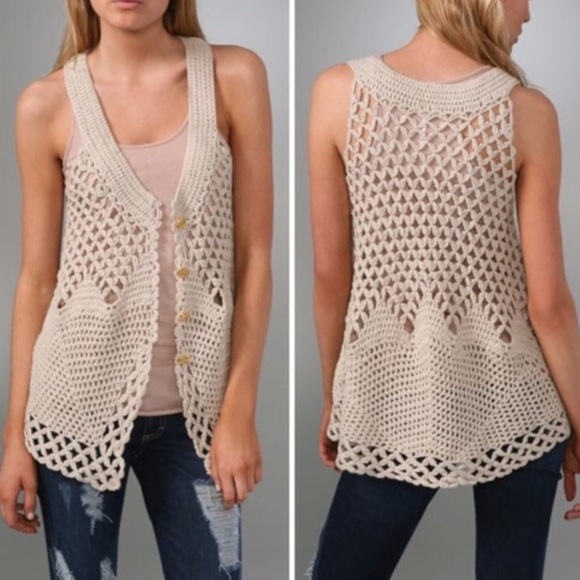 Free People Tops - Free People Tan Crochet Sweater Top Vest with Gold Buttons Size Medium